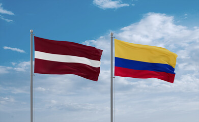 Colombia and Latvia flags, country relationship concept