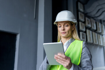 Serious confident thinking female engineer with tablet computer inspecting factory wearing hard hat and reflective vest