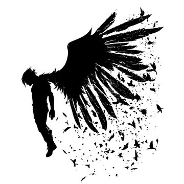 Black silhouette of a person with wings on white background.