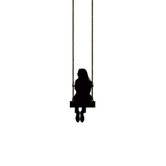 Black silhouette of a girl on a swing on orange background.
