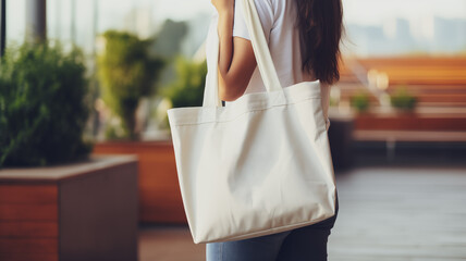 Fototapeta premium Woman holding blank template of reusable cloth bag for placing logo. environmental concept