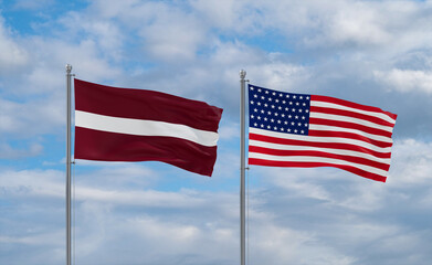 USA and Latvia flags, country relationship concepts