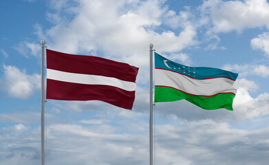 Uzbekistan and Latvia flags, country relationship concept