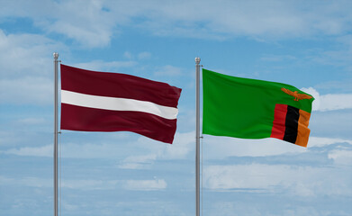 Zambia and Latvia flags, country relationship concept