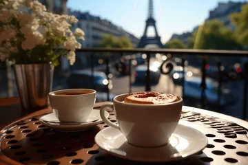 Fototapeten A Cup of coffee on the table of a coffee shop with Eiffel Tower view. © visoot