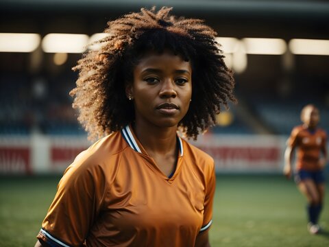 Portret of african soccer woman in soccer match.
