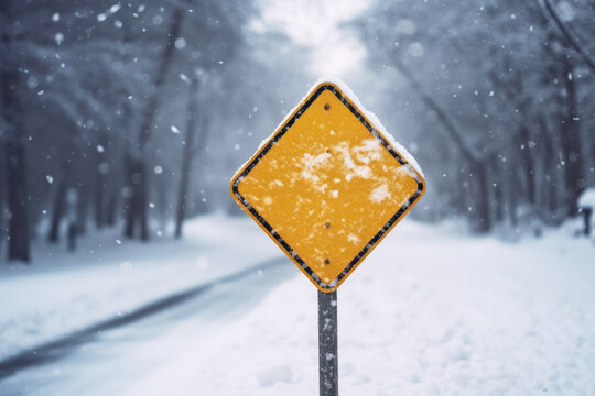 Fototapeta A blank road traffic sign warning of winter driving conditions on a road