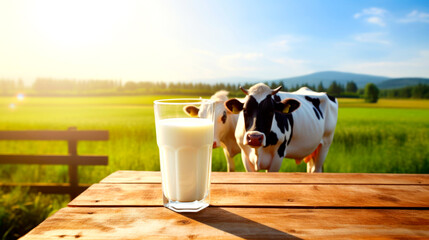 Farm image on table with natural milk background. Organic cow's milk. Cows grazing in meadow and mountain farm landscape. AI Generated - obrazy, fototapety, plakaty