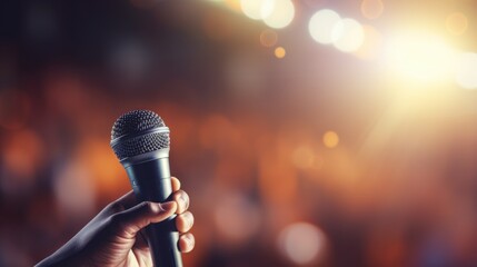 Close up man hand holds microphone on stage at night on blurred bokeh lights background