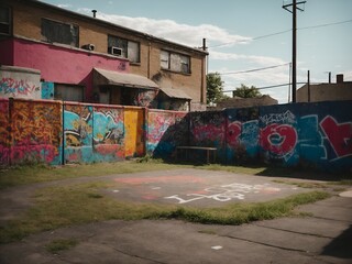 Naklejka premium An old asphalt playground in a poor neighborhood