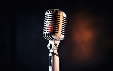 Close up of a retro metal microphone on isolated black background with space for copy