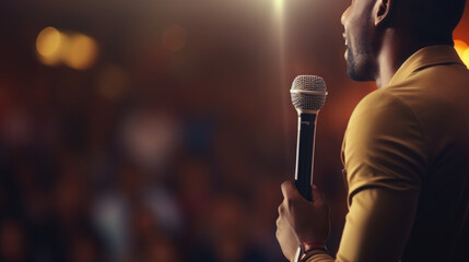 Close up portrait of an African male motivational speaker holds microphone on stage on a blurred hall audience background
