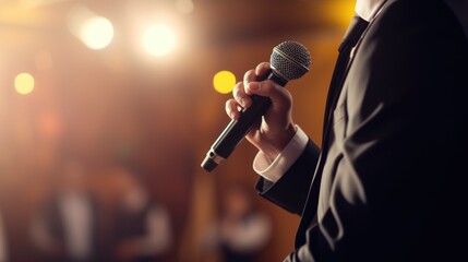 Close up male motivational speaker hand holds microphone on stage at night on blurred bokeh lights background