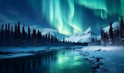 Tuinposter Dramatic landscape with beautiful Northern Lights, Aurora borealis light show in the sky © ink drop