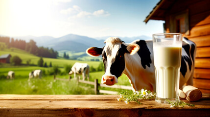 Farm image on table with natural milk background. Organic cow's milk. Cows grazing in meadow and mountain farm landscape. AI Generated - obrazy, fototapety, plakaty
