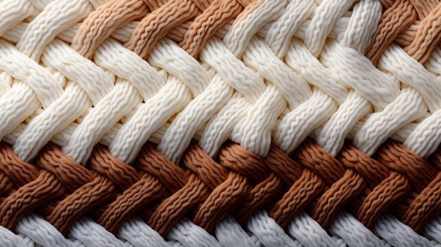 a macro close-up image of a knitted pattern texture, white and brown colors, filling the frame. Idea for a sweater or a scarf