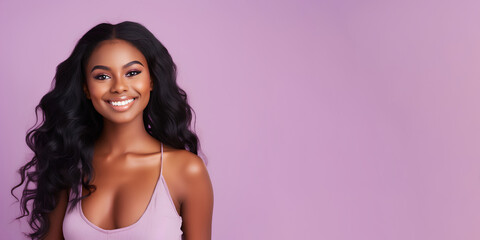 Smimilg young woman with dark skin and long groomed hair isolated on flat violet pastel background with copy space. Model for banner of cosmetic products, beauty salon and dentistry
