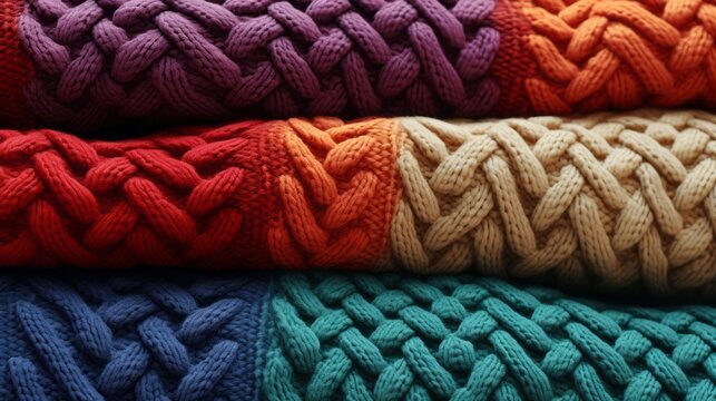 a macro close-up image of a knitted pattern texture, different colors and hues, filling the frame. Idea for a sweater or a scarf