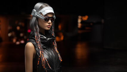 Super sexy Model Frau mit schwarzen Leder und Lack Designer Kleidung und futuristischer Cyberspace Brille in Querformat für Banner, ai generativ - obrazy, fototapety, plakaty