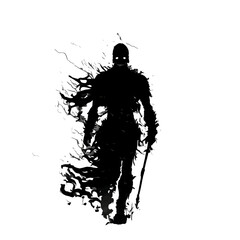 Black silhouette of a warrior on dark background.
