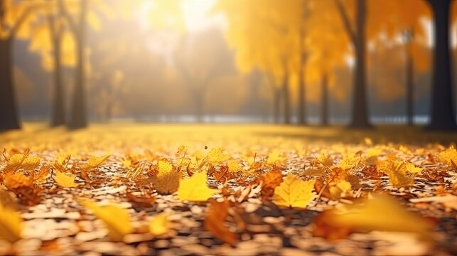 Beautiful autumn landscape with yellow falling leaves.
