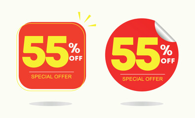 55% off. Tag special offer, campaign sales, sticker. Advertising, promo, discount, shop, retail, store. Icon, vector. Poster seventy five percent off price, value.
