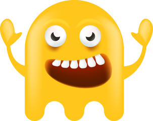 Funny very cute smiling orange ghost monster isolated on white background. Comic Funky Yellow Ghost cartoon character and cute emoji. Halloween spirit element.