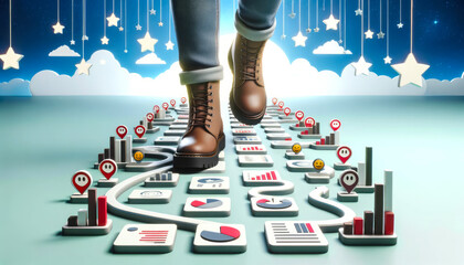3D graphic of a pair of boots stepping on a pathway formed by customer feedback cards, charts, and satisfaction emojis. Boots on the Ground concept, symbolizing importance of direct customer contact. - obrazy, fototapety, plakaty