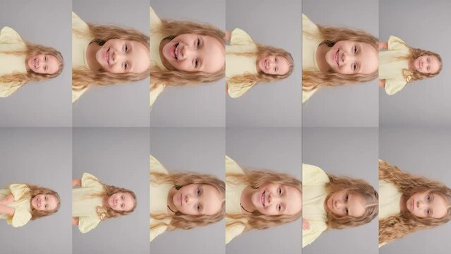 Collage of happy smiling faces of children. A girl with different emotions on her face in one video. Vertical video.