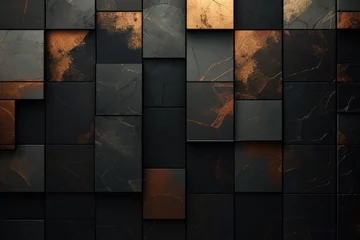 Tuinposter 3d illustration of abstract geometric background with black and brown marble tiles. Generative Ai © vassileva_t