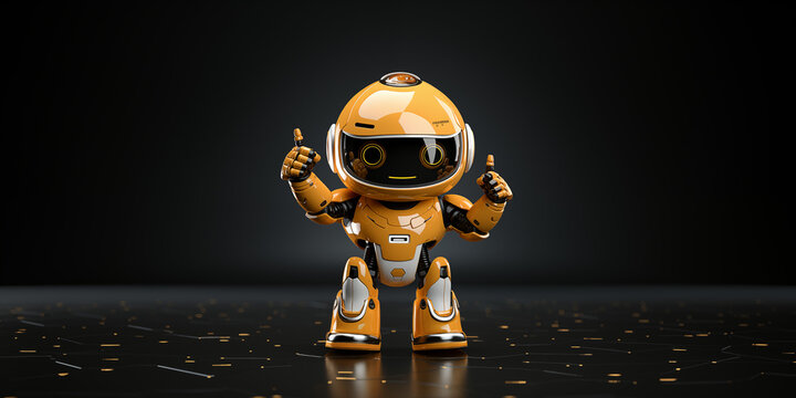 Roboter M&auml;nnchen Cartoons als Figur mit s&uuml;&szlig;en gro&szlig;en Augen in gelb wei&szlig;er Farbe lacht im Querformat f&uuml;r Banner, ai generativ