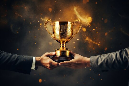 Two People Holding A Gold Trophy. Sports, Champion And Hands Of Team With Trophy For Achievement, Goal And Success Together.