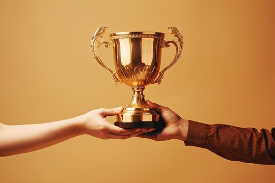 Two People Holding A Gold Trophy. Sports, Champion And Hands Of Team With Trophy For Achievement, Goal And Success Together.