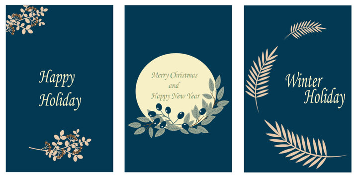 Christmas greeting card template in round frame, winter holidays text, Merry Christmas, blue background. Pine branches, spruce branches, berries, plants. Vector EPS10