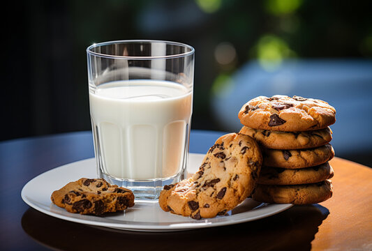 Glass of milk with chocolate chip cookies. AI Generated Images