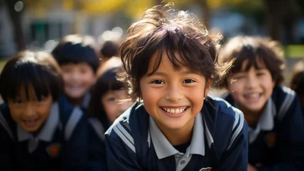 Fotobehang  Group of primary school students dressed in uniform happy in the school yard. Latino children. Asian boys and girls. Study and education concept. Children enjoying outdoor recess at school. © Acento Creativo