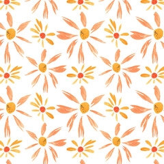 Fototapeta na wymiar Floral pattern with orange flowers. Watercolor seamless border for floral background, textile or horizontal wallpapers. Isolated illustration of design elements.