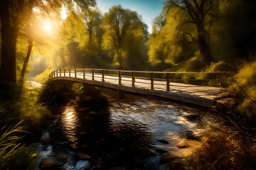a wooden bridge, over a flowing river, in a sunny day, sunlight reflecting in the water, beautiful natural view