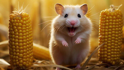 A cheerful hamster beams joyfully while holding a piece of corn in its tiny paws.