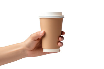a hand holding a paper coffee cup isolated white background