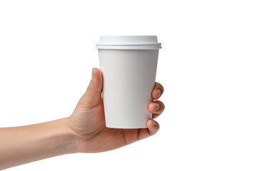 a hand holding a paper coffee cup isolated white background - Powered by Adobe