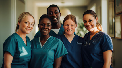 Group of diverse nurses smiling outdoors in scrubs, showcasing unity and dedication in healthcare.