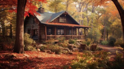 Rustic coffee cabin amidst fall foliage. AI generated