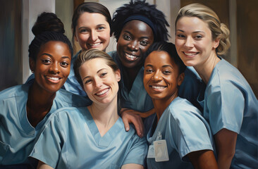 Group of diverse nurses smiling outdoors in scrubs, showcasing unity and dedication in healthcare.