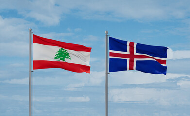 Iceland and Lebanon flags, country relationship concept