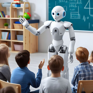 AI humanoid robot teaching kids in the classroom