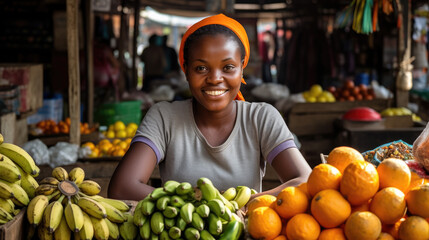 Young african woman selling fruits and vegetables at the market