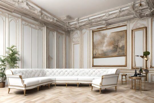  luxury sofa's white color, L-Shape ,with background, painting on wall of woodwork arts