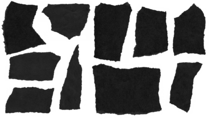 torn and ripped paper pieces frames with jagged edges from black paper in Y2K retro style, png isolated cardboard objects of various shapes