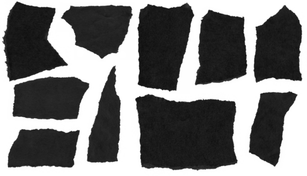 torn and ripped paper pieces frames with jagged edges from black paper in Y2K retro style, png isolated cardboard objects of various shapes